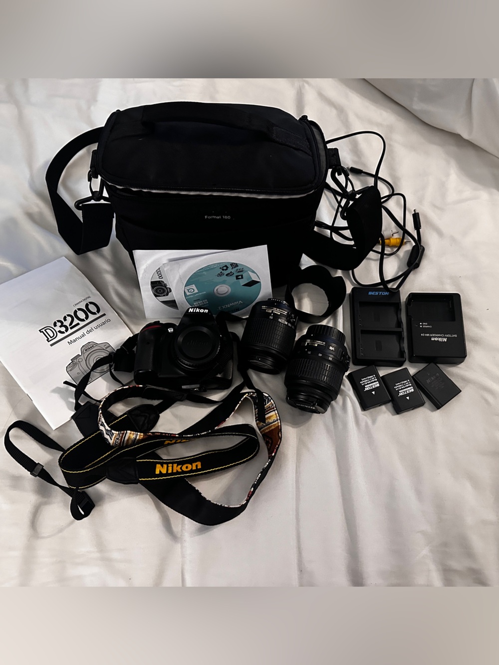 Nikon D3200 DSLR Camera Kit with Body, 2 Lenses, 3 batteries, and Bag